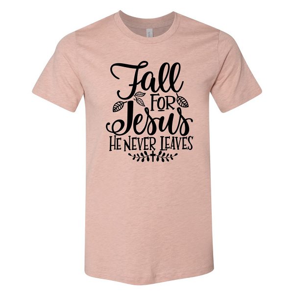 Fall for Jesus He Never Leaves Heather Prism Peach Tee-01